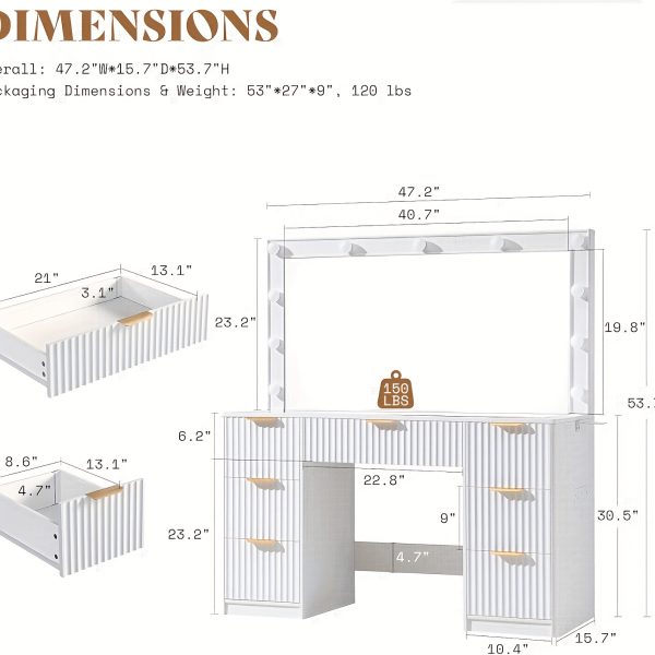 product-fancy-5757b6cb-265a-4533-bcc5-87fe0af5814c ALBOTT Fluted Vanity Desk With Large Mirror, Adjustable LED Lights, Glass Top, Charging Station And 4 Or 7 Drawers Makeup Table For Women And Girls, Suitable For Home Use