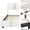 Contemporary Platform Bed Frame Made of Faux Leather, Featuring Iron Metal Accents, an Adjustable Headboard, And Wooden Slats for Support, Eliminating The Need for a Box Spring