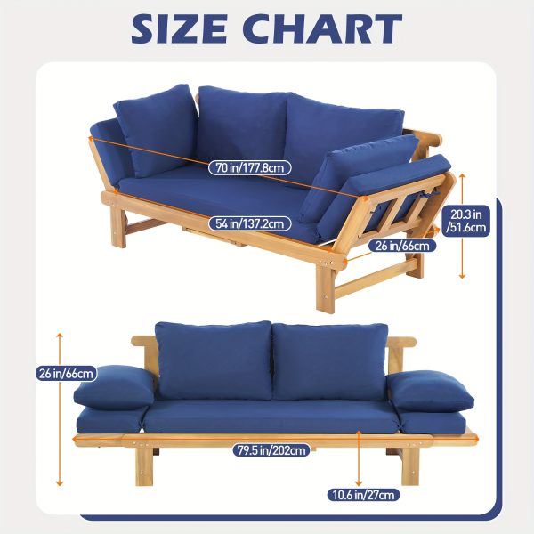 Outdoor Seating Arrangement Featuring a Wooden Sofa Bed with Adjustable Settings, Complete with Plush Cushions, Ideal for Two Individuals, Perfect for Small Spaces Like Balconies, Backyards, Or by The Pool
