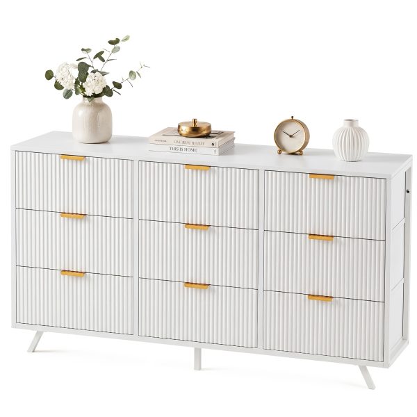 Bedroom Dresser with 9 Drawers, 57" Wide Modern Chest of Drawers, Wooden Dresser TV Stand, Wood Closet Clothes Storage Organizer for Living Room, Hallway, Natural Oak