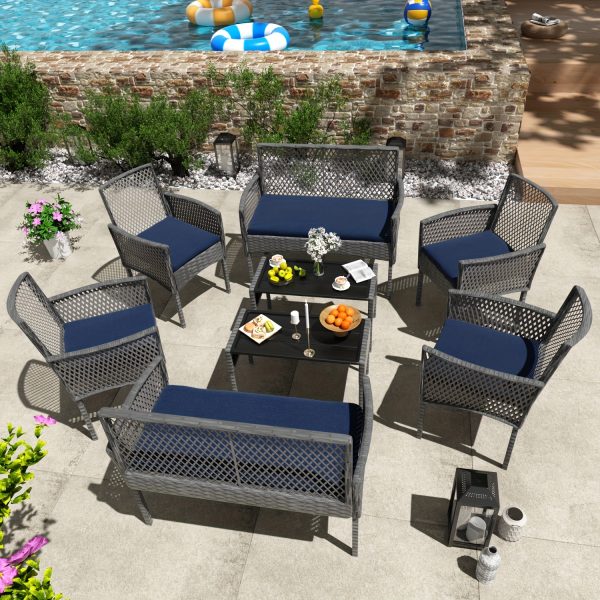 8pcs Patio Furniture Set, Outdoor Rattan Chairs Rattan Conversation Sets with Cushions And Coffee Table for Porch Garden Poolside Backyard, Black- Patio Furniture Outdoor
