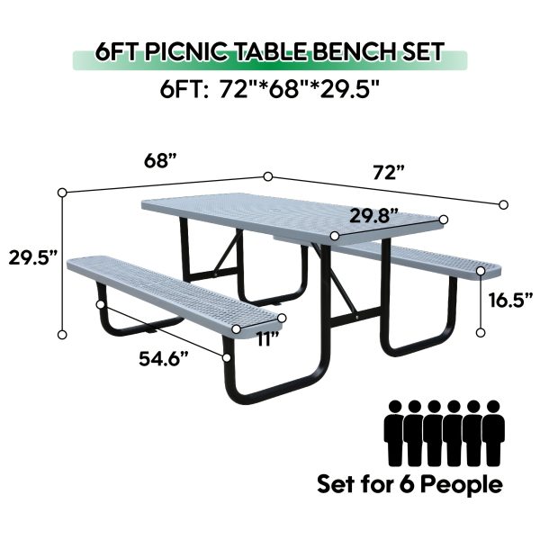 product-fancy-57f8c268-572f-487b-a0dd-c44173248a77 4/6ft Heavy-Duty Metal Picnic Tables with Umbrella Hole for Outdoor, Rectangular 4-6-Person Picnic Tables with Bench, Commercial Expanded Picnic Table And Bench Set, Outside Furniture Set for Yard Outside Garden Backyard Porch Patio Lawn, All-Weather