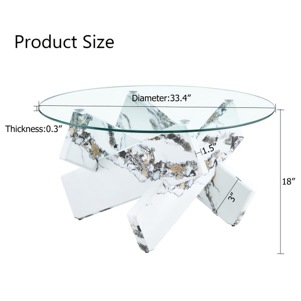 product-fancy-581c1653-f63d-4927-b715-c6ba0a777595 Modern Round Glass Coffee Table 33.4", Clear Tempered Glass Top with White Patterned MDF Legs, Stable Load Bearing 130 Lbs, Unique Contemporary Center Table for Living Room, Dining Room, Apartment, Easy Assembly In 10-15 Minutes.