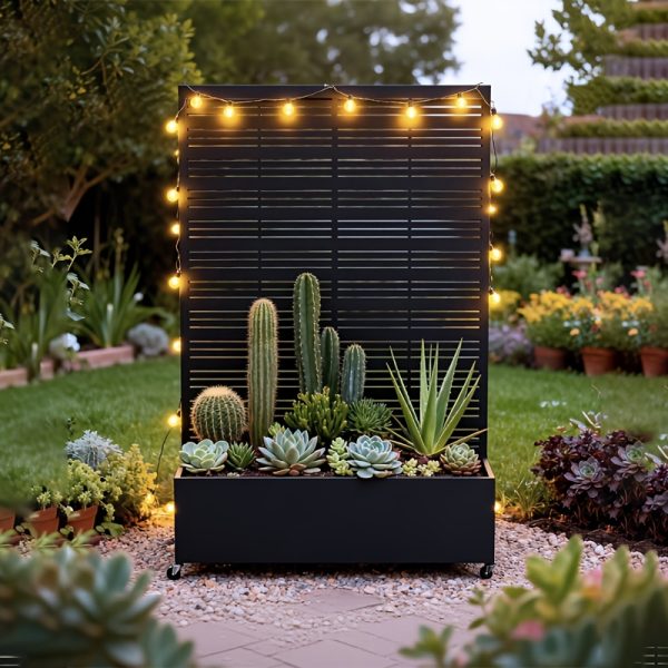 product-fancy-582dbf0d-9f83-4b5a-b65b-f2a2787586dc Privacy Fence with Planting Boxes Encrypted Metal Mesh Privacy Screen Black/Wood Grain Weather-Resistant Outdoor Fence Panels Ideal for Backyard Patios, Gardens, And Balconies Safety Barrier Protective Cover Create Outdoor Living Spaces And Decor