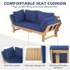 Outdoor Seating Arrangement Featuring a Wooden Sofa Bed with Adjustable Settings, Complete with Plush Cushions, Ideal for Two Individuals, Perfect for Small Spaces Like Balconies, Backyards, Or by The Pool