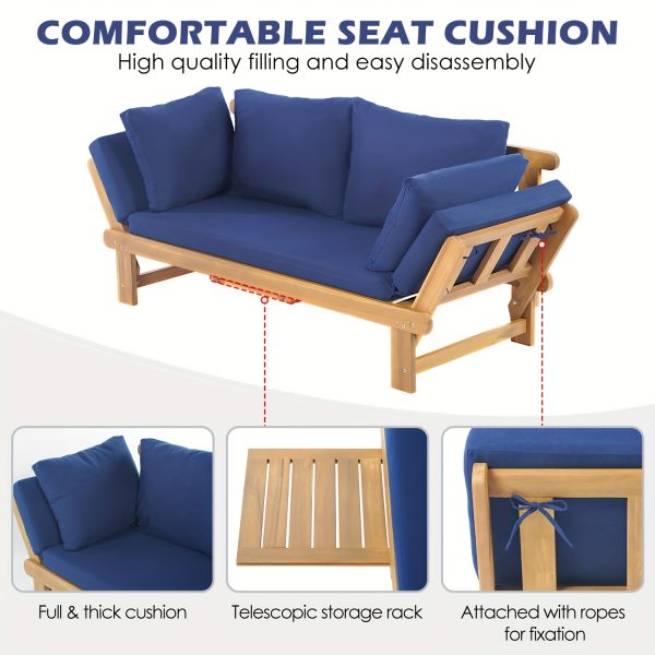 Outdoor Seating Arrangement Featuring a Wooden Sofa Bed with Adjustable Settings, Complete with Plush Cushions, Ideal for Two Individuals, Perfect for Small Spaces Like Balconies, Backyards, Or by The Pool