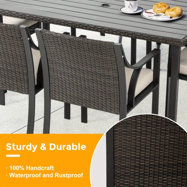 Patio 7pcs Patio Dining Set, All Weather PE Rattan Dining Table Set, Outdoor Dining Sets for 6, Metal Dining Table with Umbrella Hole & 6 Cushioned Chairs for Patio, Yard, Porch