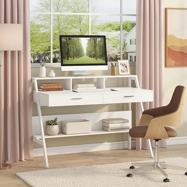 product-fancy-597c7bab-84ea-4d1e-b557-562c6d548b41 47 Inch Computer Desk With Storage Shelf & Drawers | Modern Office Writing Desk Study Table With Monitor Stand Riser, White, Byblight, Christmas Renewal