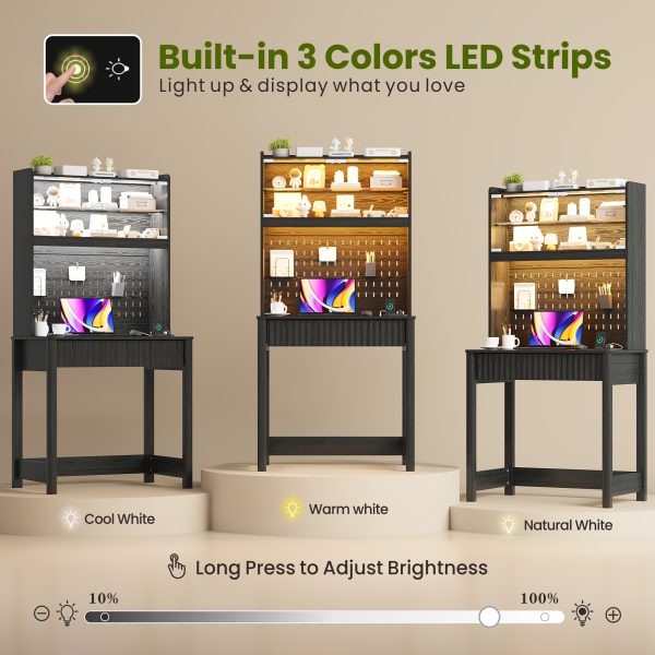 product-fancy-5999c95a-602c-4e57-9bea-bdd260f4d476 HWB Modern Computer Desk with Pegboard, 64" Home Office Desk with LED Lights & Charging Station, Small Study Desk with Hutch And Storage Shelves for Bedroom
