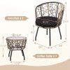 3pcs Bistro Set, Modern Furniture with Tempered Glass Table Top, 2 Chairs, Outdoor Wicker Patio Set, Washable Cushions,
