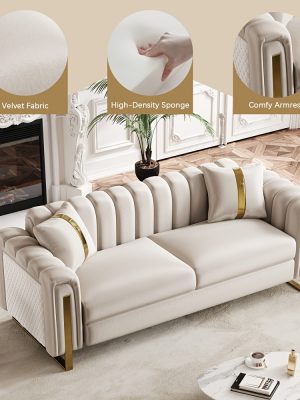 Set of 2 67" 2-Seater/ 84.7" 3-Seater Chesterfield Sofas Luxury Velvet Couches Modern White And Golden Sofas for Living Room, Mid-Century Victorian Loveseats with Removable Cushions And 2 Toss Pillows And Golden Metal Legs