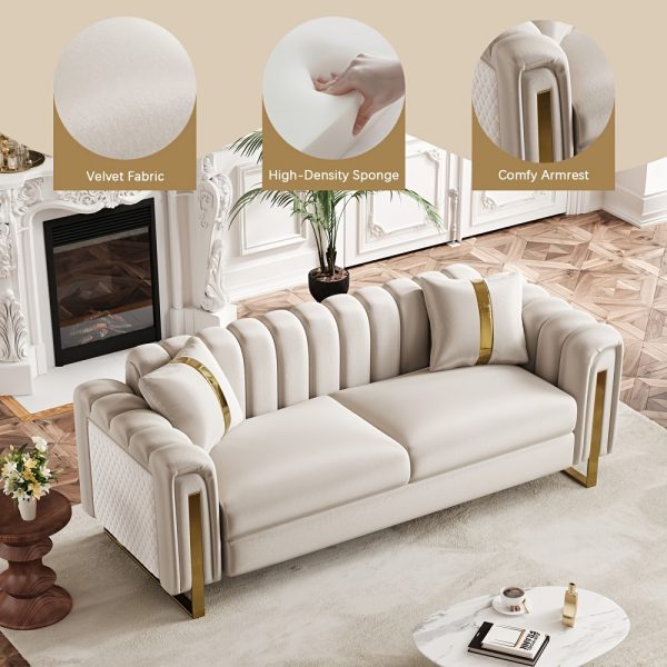 product-fancy-59d4aad7-e616-4394-b739-4093494fb447 Set of 2 67" 2-Seater/ 84.7" 3-Seater Chesterfield Sofas Luxury Velvet Couches Modern White And Golden Sofas for Living Room, Mid-Century Victorian Loveseats with Removable Cushions And 2 Toss Pillows And Golden Metal Legs