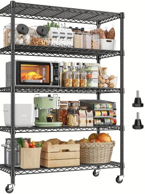73.6 Inches High Wire Shelving on Wheels, Deep Storage Shelves with Mobility, 73.6 Inches High Metal Shelving Unit with Adjustable Five Tiers, Robust Metal Shelves for Storage