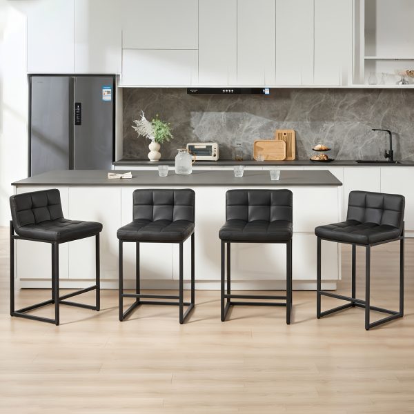 product-fancy-5a721e1d-f8af-4b0e-a835-3be882e088ae DMKAI Set Of 2 Modern Counter Height Bar Stools - Black Faux Leather Upholstered, Diamond-Tufted Seat, Sturdy Black Metal Cantilever Base with Footrest | Minimalist Bar Stools for Kitchen Island