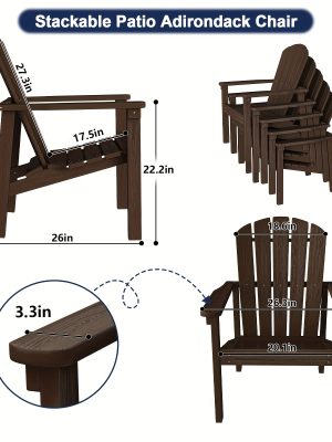 Adirondack Chair, Space-Saving Stackable Design, HDPE Material Wood Grain Finish, Ergonomic Slight Tilt, Perfect for Patio Backyard Deck & Fire Pit, Dining Chair Size