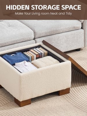 24" Square Ottoman Coffee Table With Storage, Fabric Ottomans With Tray And Solid Wood Legs For Living Room, Bedroom And Apartments, Small Modern Ottoman Tea Table With Lift-Off Lid