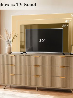 Bedroom Dresser with 9 Drawers, 57" Wide Modern Chest of Drawers, Wooden Dresser TV Stand, Wood Closet Clothes Storage Organizer for Living Room, Hallway, Natural Oak