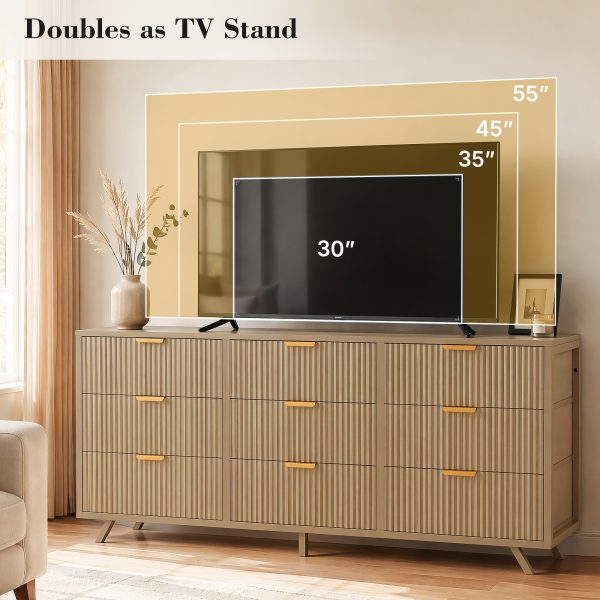 Bedroom Dresser with 9 Drawers, 57" Wide Modern Chest of Drawers, Wooden Dresser TV Stand, Wood Closet Clothes Storage Organizer for Living Room, Hallway, Natural Oak
