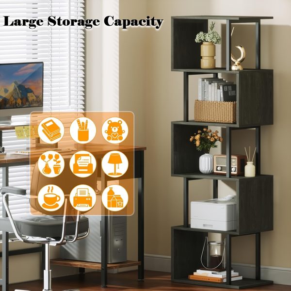product-fancy-5ae59401-cb90-4119-b2f8-462aa31a5401 6-Tier Tall Bookshelf, Lofty Geometric Book Cabinet, S-Shaped Industrial-Style Display Freestanding Bookshelf, Metal And Wood Decorative Storage Partition Rack, Suitable for Bedroom, Living Room, Office, Black/White