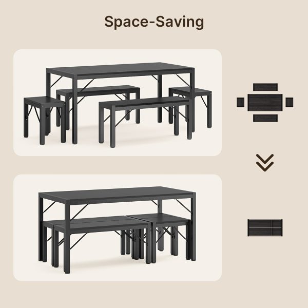 product-fancy-5b34521d-cabb-4274-8257-75c34942fe3e Non-Folding 5pcs Indoor & Outdoor Dining Table Set, 6 Seater Patio Kitchen Table with 2 Benches & 2 Stools, Industrial Space-Saving Set for Picnic, Camping, Backyard