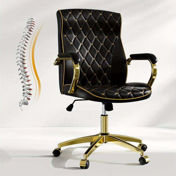 product-fancy-5b72d0db-ec84-4e20-9068-b4dfab672c5d Executive High Back Office Chair With Tufted Design, Ergonomic Computer Desk Chair With Padded Armrests, Faux Leather Task Chair With Golden Metal Frame