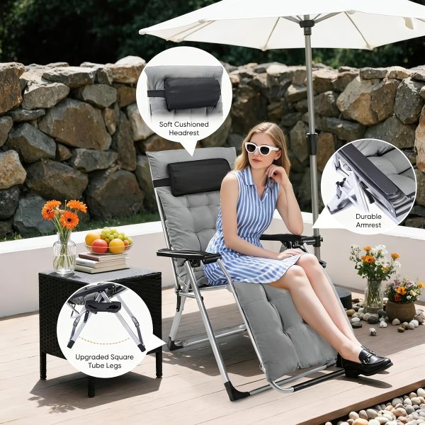 product-fancy-5b8ef2f8-343e-4f5c-8c34-41d6e577a224 Zero Gravity Recliner, Foldable Patio Chair --- Includes Cup Holder Tray; Removable Cushion; Ideal For The Beach, Patio, Or Poolside