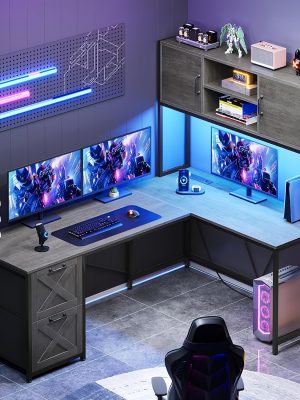 L-shaped Desk with Drawers, 62.2-inch Home Office Desk Featuring Fabric File Drawers and Power Outlets, L-shaped Desk with Storage Cabinet, Storage Shelf, LED Light