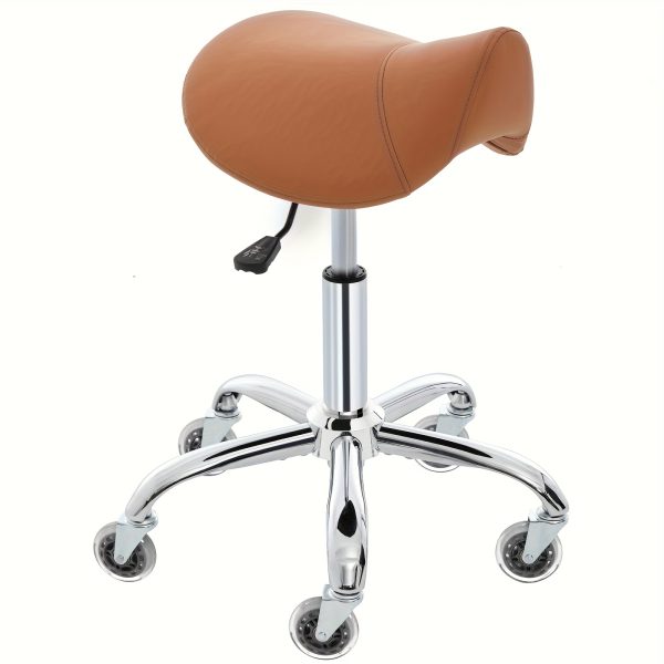 product-fancy-5baec741-0c9e-40ad-b6e4-01d8911a4df3 Swivel Adjustable PU Leather Chair - Ergonomic Saddle Stool with Wheels | for Drafting, Office, Clinic, Beauty & Tattoo - Metal Frame, Polished Finish, Memory Foam