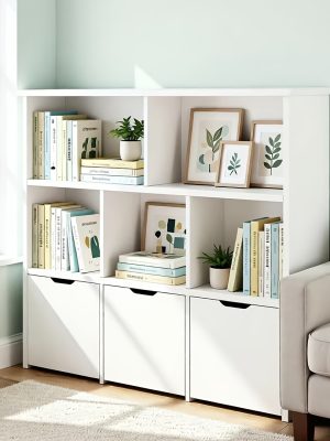 Modern Bookcase with 5 Cubes, 3 Movable Drawers and Hidden Wheels | Sturdy Construction, Multifunctional Organizer with Spacious Storage, White, Freestanding for Living Room