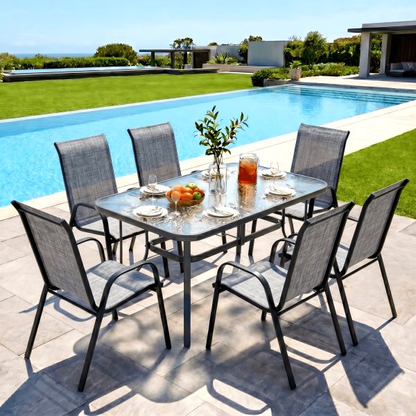 product-fancy-5c3ab5ac-6a34-4417-a6e6-42fee52ce110-1 7pcs Outdoor Dining Table and Chairs for 6 People - Textilene Stackable Patio Furniture with Glass Table & Umbrella Hole Base Suitable for Deck, Poolside,, Backyard - Umbrella Not Included