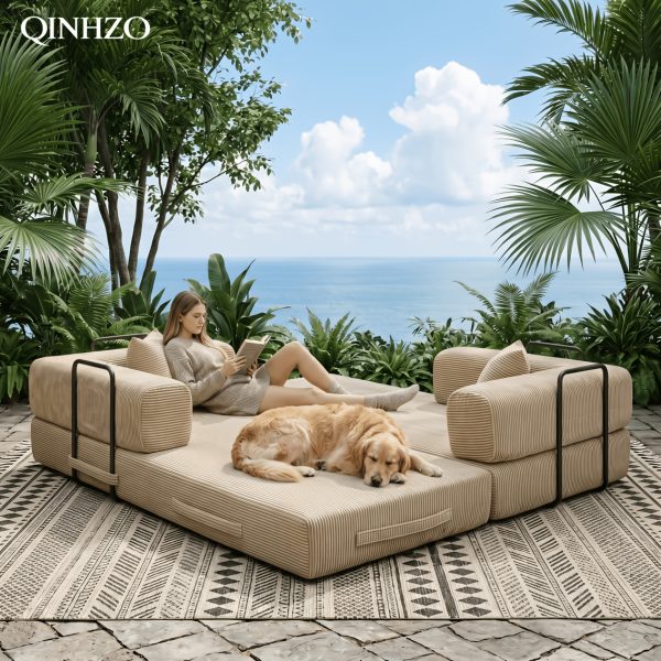 [Modular Sofa Bed] 107.8 Inch Corduroy Modular Sofa Bed - Convertible King Bed Suitable for Patio, Balcony & Beach House, No Assembly Required Outdoor Couch with Foam Frame, High-Density Foam Cushioning, Luxury for -Weather Living Room Furniture