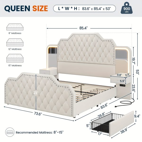 product-fancy-5ca446c9-55c4-4093-906d-c03c3d1376f4 Queen Size Bed Frame with 2 Nightstands with Mirror, Modern Platform Bed Frame with 53" Tall Headboard and 4 Storage Drawers