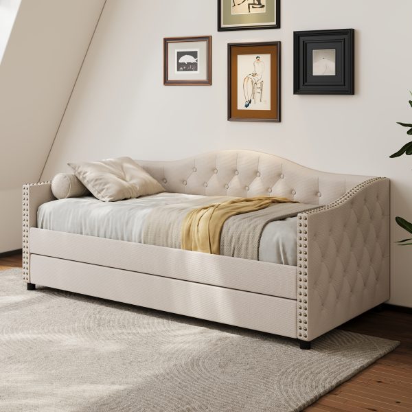 product-fancy-5ca96f1b-2acd-4826-8883-8612d47f3410 79.5" Tufted Linen Upholstered Daybed with Trundle Frame No Box Spring Needed for Living Room Bedroom