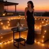 [Outdoor Round Side Table] Outdoor Round Side Table With Double-Layer Storage Shelf, MarbleTexture Imitation Stone Courtyard End Table, Sturdy Black Metal Frame, Weather-Resistant Side Table Is Suitable For Balcony Coffee Corner, Small Space Courtyard/Terrace/Balcony Furnitur