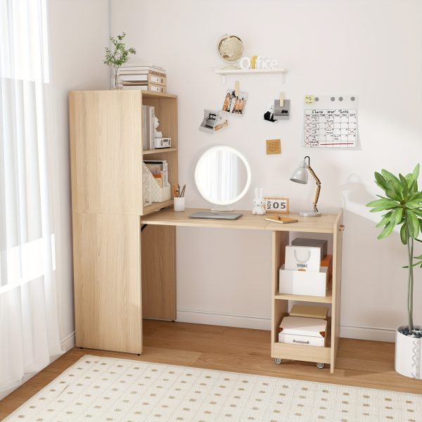 product-fancy-5d95329a-d129-4238-ac29-682777377dd9 Foldable Stretchable Adjustable Height Desk with Mobile Wheels & Storage Shelves - Space-Saving Heavy-Duty PVC Frame, Walnut for Office, Small Apartments, Dorm Rooms - Easy Assembly Freestanding Writing Table