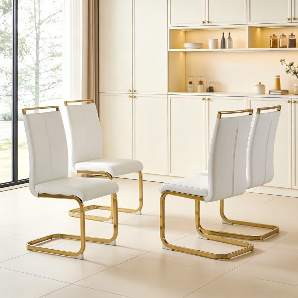 Modern Dining Chairs Set of 4, High Back White Kitchen Chairs, Faux Leather Side Chair with Gold Plated Metal Legs, Easy to Install Upholstered Dining Chairs, Ideal for Living Room, Easy to Install (Golden/Silver Leg) Local Warehouse