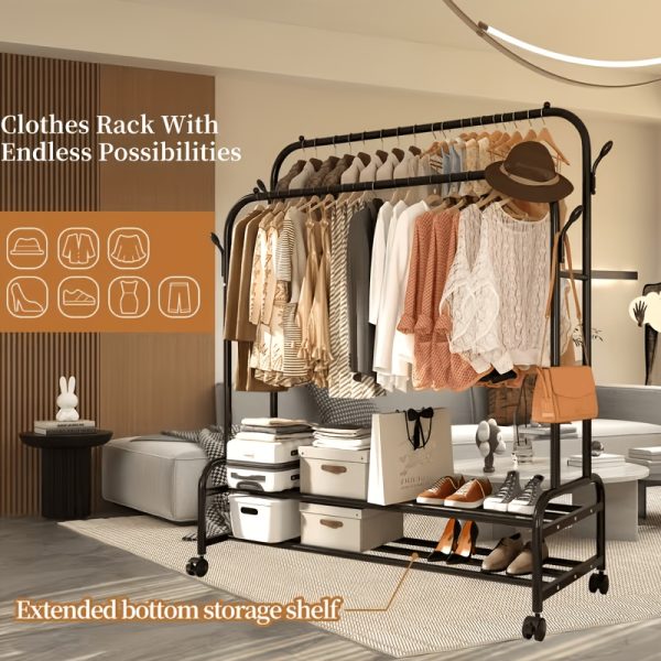 product-fancy-5db0b26c-41d7-47f6-8bf4-2079246231b7 Durable Metal Hanger With Double Poles And Wheels, Equipped With Shelves And Hooks, A Multifunctional Wardrobe Solution Suitable For Independent Metal Hangers In Bedrooms, Laundry Rooms, And Living Rooms.