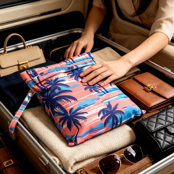 product-fancy-5df5f198-6e27-4446-889e-d30f138d8129 Reusable Wet Storage Bag with Tropical Palm Print Pattern, Designed for Diaper Storage. Dimensions: 9.84in*12.2in. Perfect for Storing Swimwear, Travel Essentials, Beach Items, and Pool Supplies. Ideal for Themed Gifts and Holiday Presents