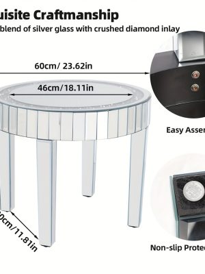 AESOME 23.62'' Mirrored Round Coffee Table for Living Room Modern Glass Accent Table with Crystals Inlay Silver Sofa Accent Table for Home & Office