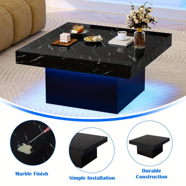 product-fancy-5e45071a-baeb-4cc7-96aa-d96557aaf5f6 Modern Luxury Low-Profile Square Coffee Table with LED Lights - Space-Saving Faux Marble Top & Engineered Wood Base Suitable for Small Spaces, Compact Living Room Center Table, Assembly, Black/Brown