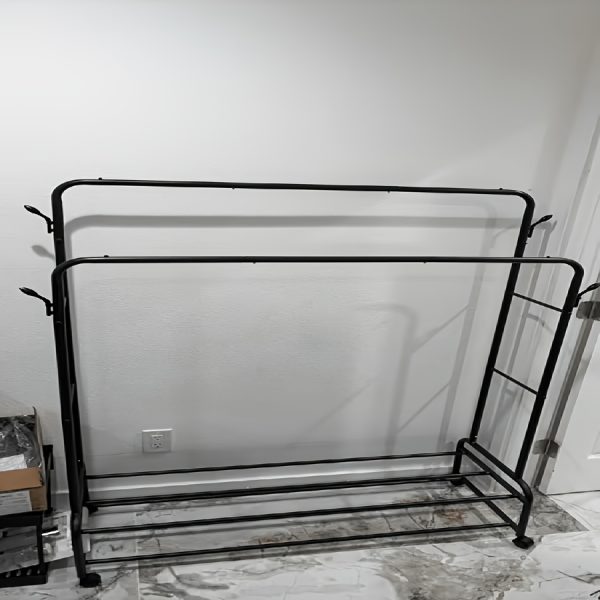 product-fancy-5e487ae0-b8ac-49d2-a8ba-c311f2567111 Durable Metal Hanger With Double Poles And Wheels, Equipped With Shelves And Hooks, A Multifunctional Wardrobe Solution Suitable For Independent Metal Hangers In Bedrooms, Laundry Rooms, And Living Rooms.