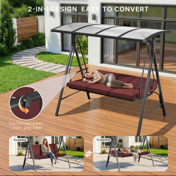 product-fancy-5e4fbaf4-a92c-4194-8ab1-640517076710 3-Seat Porch Swing Chair with Stand - Convertible to Adult Swing Bed, Adjustable UV-Protected Canopy & Thick Cushion, 750lbs, Flat Bed (Red/Blue/Dark Gray) for Porch, Backyard, Garden & Balcony