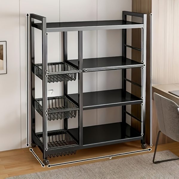 Kitchen Storage Shelf with Mesh Baskets, Metal Frame Serving Cart with Wheels, Rolling Baker's Rack with Adjustable Shelves, for Kitchen Bathroom Living Room Office
