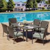 Patio 7pcs Patio Dining Set, All Weather PE Rattan Dining Table Set, Outdoor Dining Sets for 6, Metal Dining Table with Umbrella Hole & 6 Cushioned Chairs for Patio, Yard, Porch