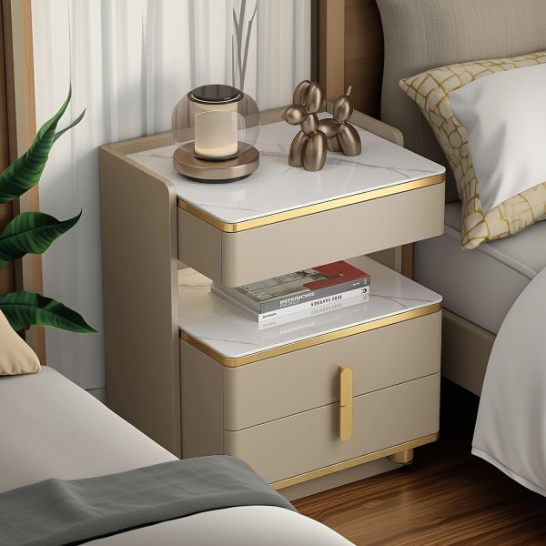 product-fancy-5f9be20b-cced-4d81-bf1b-89e641198505 Modern Marble-Top Nightstand with Golden Trim, 3-Drawer Beside Table with Open Shelf, Tempered Glass Countertop, Rounded Corners And Silent Slides for Bedroom, Luxury Minimalist Storage Cabinet 1/2pcs