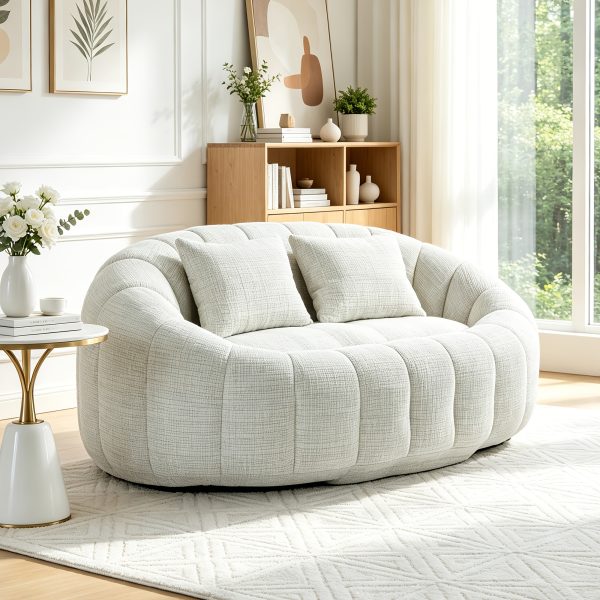 Oval Padded 2-Seat Beanbag Chairs, Upholstered Bean Bag Couch with 2 Pillows And Wrap-Around Backrest, Gaming Loveseat Sofa, Chenille Fabric Lazy Floor Beanbag Chair