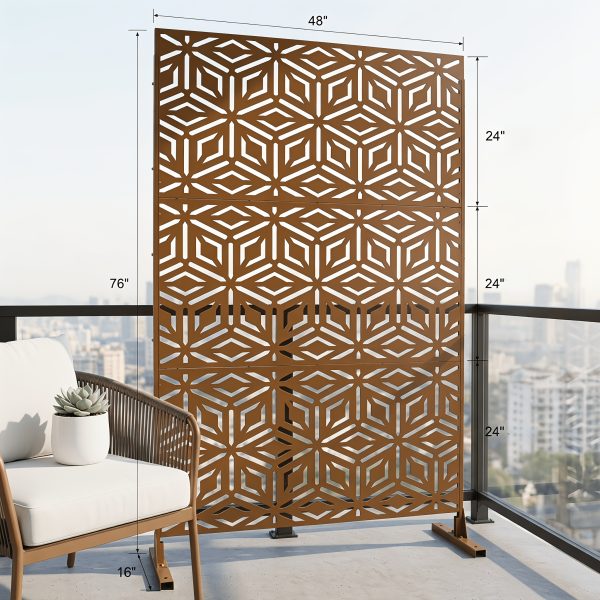 product-fancy-5fac0f1e-e520-4e45-a342-f36c4b229c55 Walnut Brown Metal Privacy Screen 76"X48" Freestanding, Premium Indoor Outdoor Decorative Fence Panel Divider for Deck Balcony Patio Backyard Lawn Garden Pool Yard Porch Front Yard Bedroom Living Room Office Studio Entryway Hallway Decorative Fence