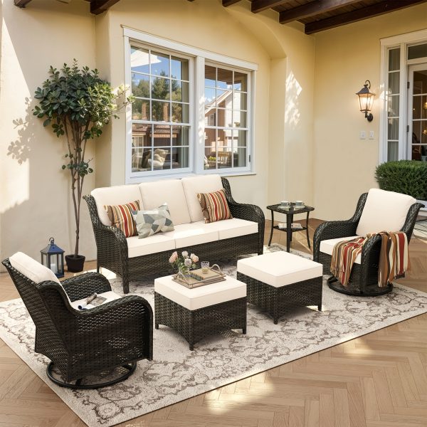 product-fancy-5fe389de-eca3-4ece-bcfd-1c149100775f 6pcs Outdoor Patio Furniture Set with Swivel Rocking Chairs, High Back Outdoor Sectional Sofa Sets with Side Table - Handwoven Rattan Outside Seating Sofa, Weather-Resistant Couch for Garden/Deck/Backyard/Decor