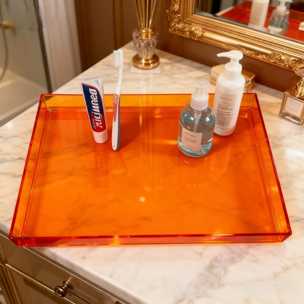 Orange Transparent Acrylic Tray - Creative Desktop Organizer Tray, Multi-functional Home Decorative Tray, Fashionable Minimalist Style Coffee Table Tray, Bathroom Cosmetic Storage Tray, Living Room Ornament Display Tray. Made of High-quality Acrylic