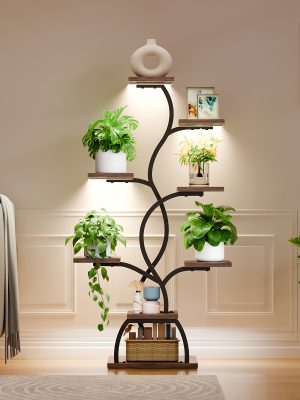 1pc Bookshelf with LED Lights- 8 Tier 123cm Multi-functional Metal Display Shelf Corner for Books Magazines Photo Frames, Vases, 48.7" Vine-shaped Storage Shelf for Living Room, Study, Stairway, Bedroom, Good Choice for Gifts Home